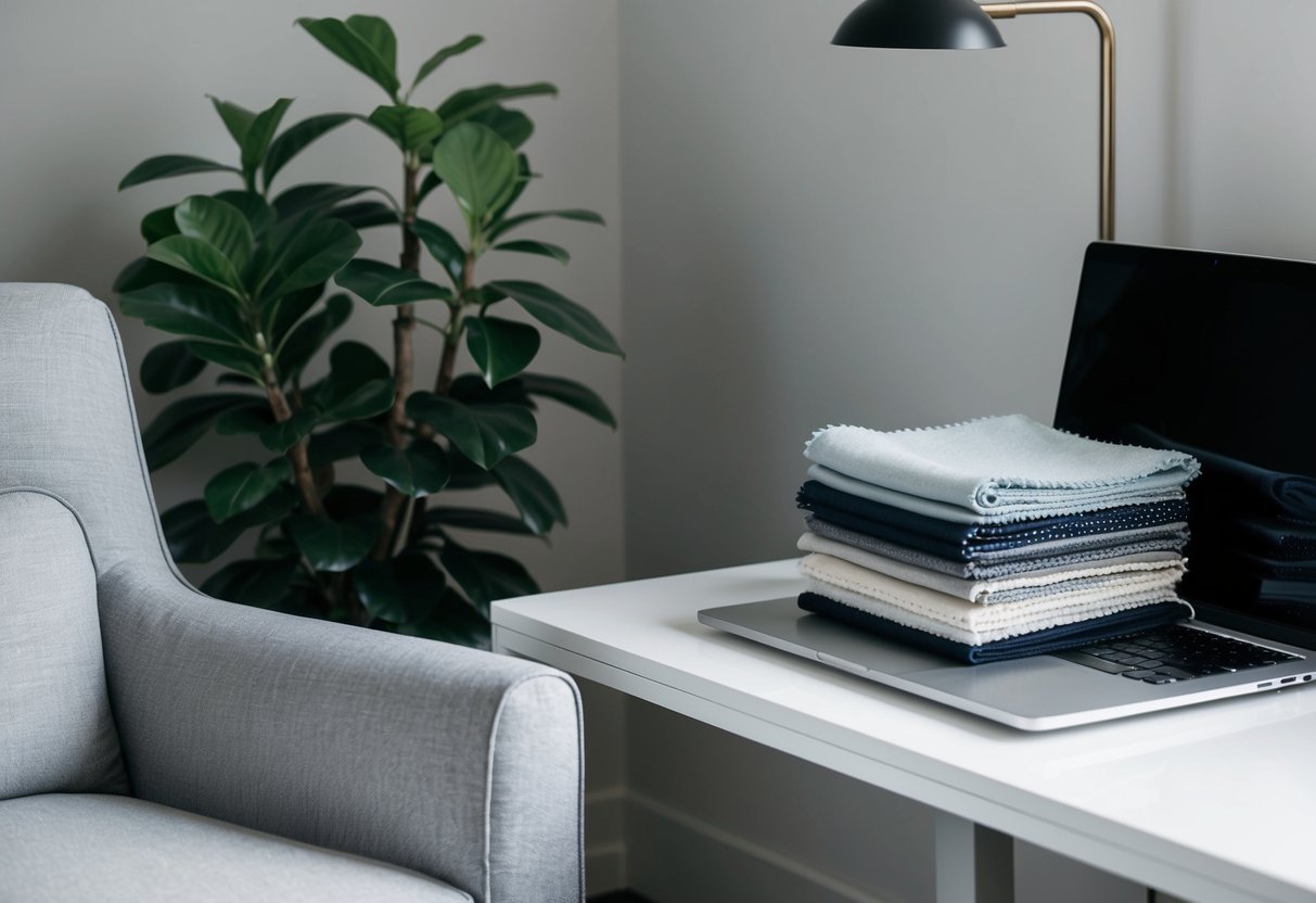 A cozy armchair next to a sleek desk, with a laptop and a stack of neatly folded fabric swatches. A potted plant adds a touch of greenery