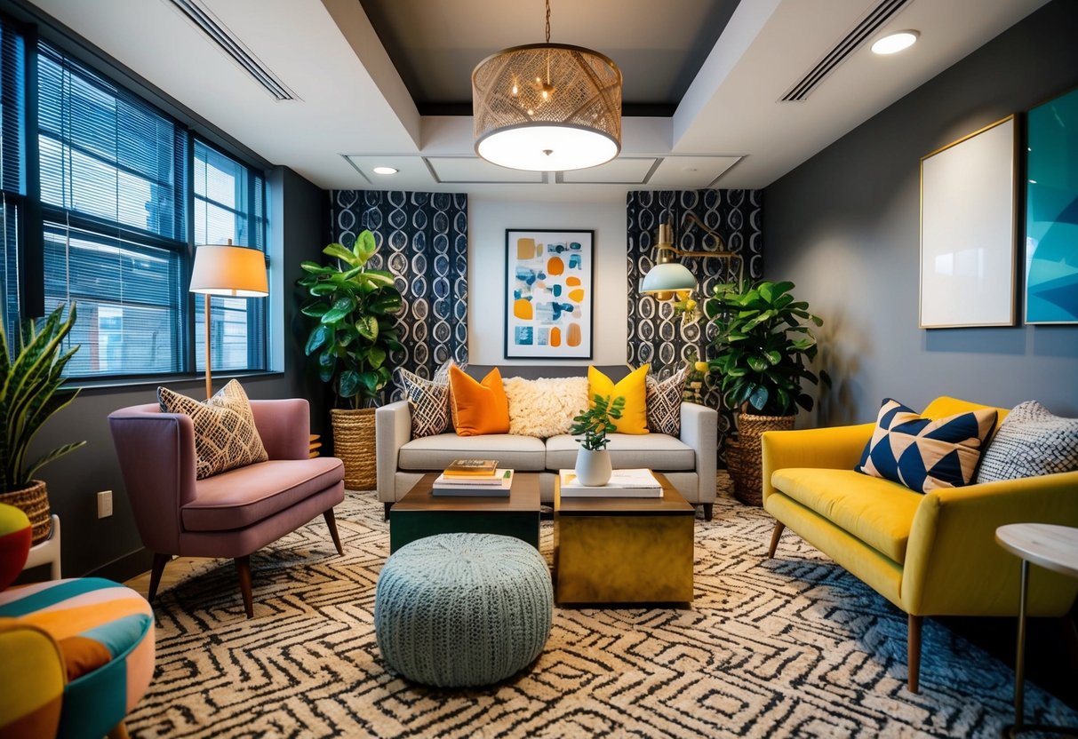 A cozy yet stylish office space with a mix of colorful furniture, textured fabrics, and geometric patterns, creating a comfortable and professional atmosphere