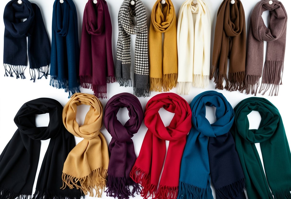 A collection of scarves and shawls arranged in a visually appealing manner, showcasing different ways to wear them creatively