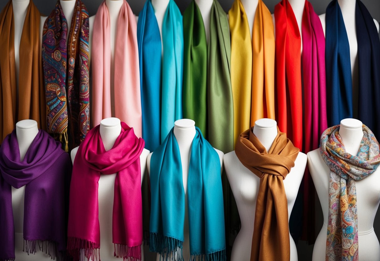 A colorful array of scarves and shawls draped over mannequins, arranged in artistic and creative ways