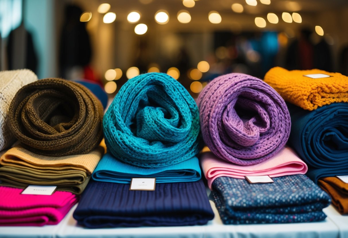 A colorful array of scarves and shawls arranged on a table, with different textures and patterns, ready to be styled for various outfits