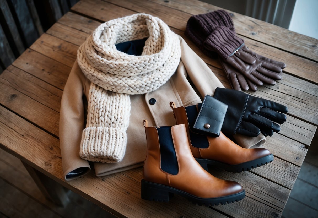 A cozy winter wardrobe laid out on a rustic wooden table, including a stylish coat, chunky knit scarf, leather gloves, and ankle boots