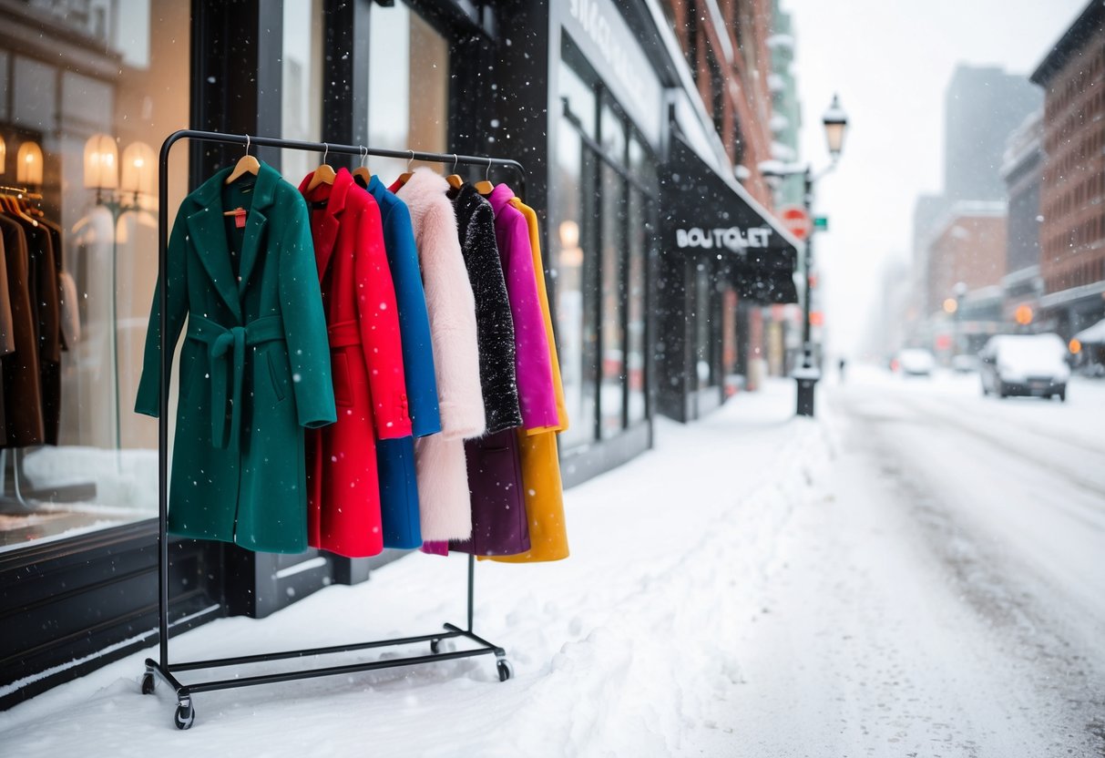 A snowy city street with a row of colorful winter coats hanging on a clothing rack outside a trendy boutique. Snowflakes gently falling from the sky