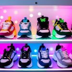 A colorful array of chunky sneakers, low-rise jeans, and butterfly clips displayed on a neon-lit shelf