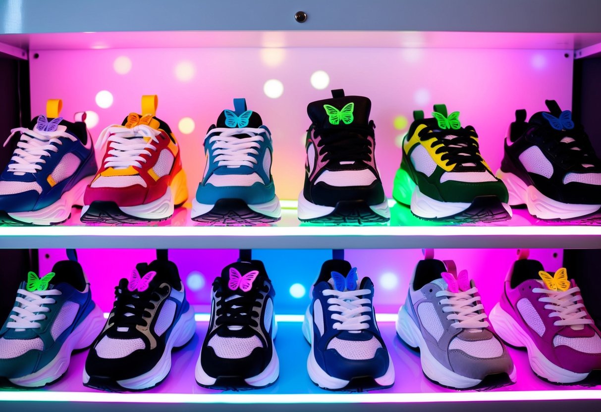 A colorful array of chunky sneakers, low-rise jeans, and butterfly clips displayed on a neon-lit shelf