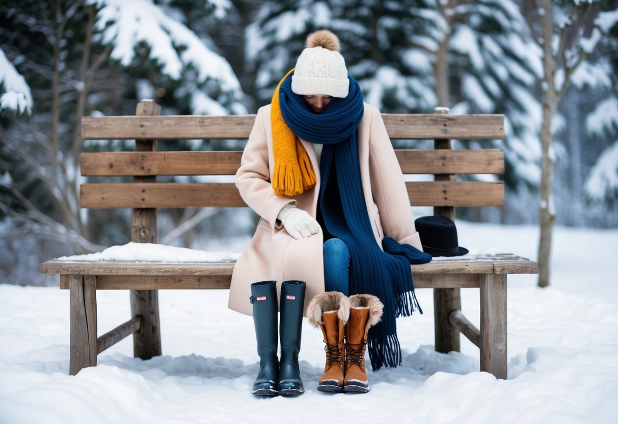 A cozy winter scene with a stylish coat, scarf, gloves, hat, and boots arranged neatly on a rustic wooden bench, surrounded by snowy trees