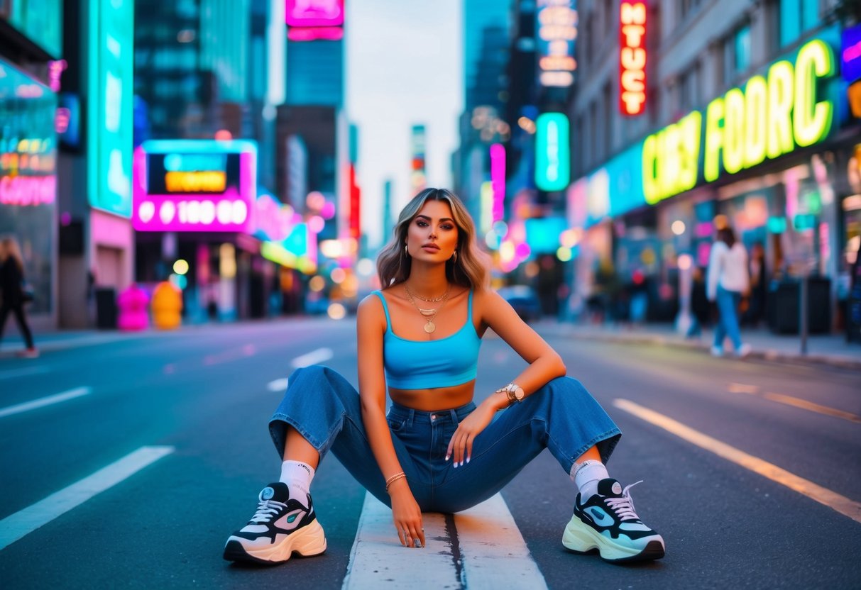 A vibrant city street filled with neon signs, low-rise jeans, crop tops, and chunky sneakers, blending Y2K fashion with a modern twist