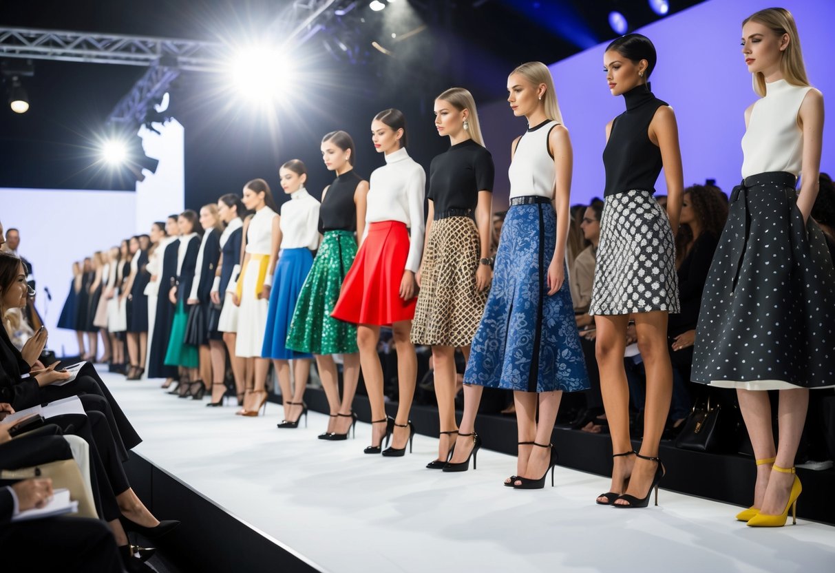 A runway with a variety of stylish skirts in different lengths, patterns, and fabrics. Bright lights illuminate the scene as fashion experts observe and take notes