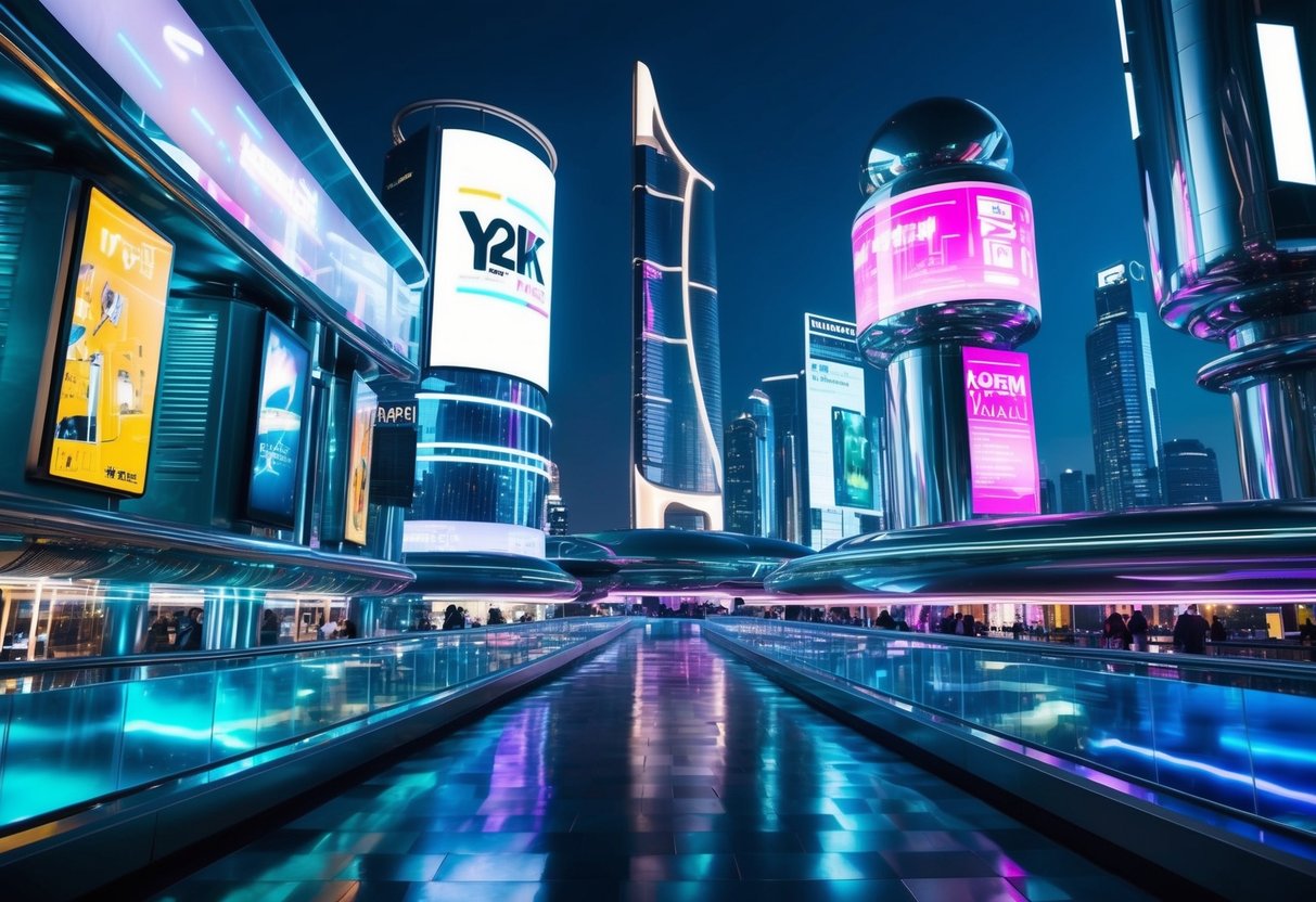 A futuristic cityscape with neon lights, holographic billboards, and sleek, metallic architecture blending with colorful and playful Y2K fashion elements