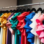 A row of colorful, voluminous statement sleeves hanging on a clothing rack, with dramatic ruffles and intricate details