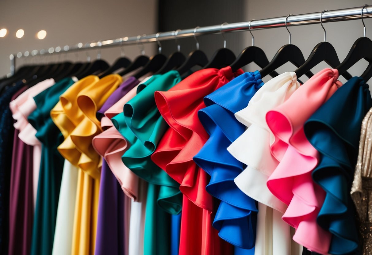 A row of colorful, voluminous statement sleeves hanging on a clothing rack, with dramatic ruffles and intricate details