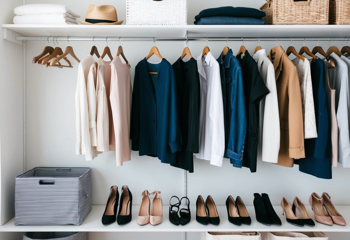 A simple, organized wardrobe with essential, mix-and-match pieces displayed neatly on hangers and shelves