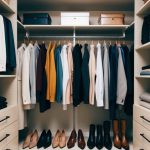 A well-organized closet with timeless, high-quality clothing neatly arranged on hangers and shelves