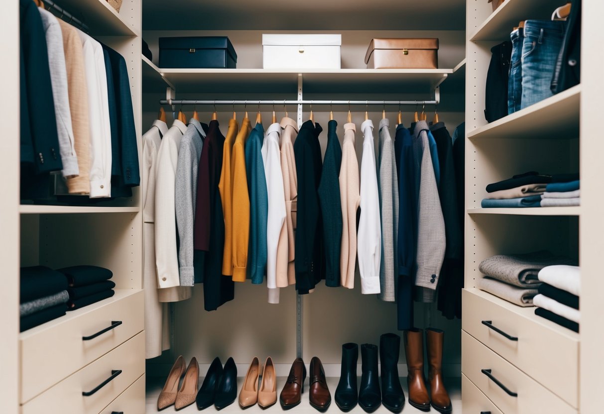 A well-organized closet with timeless, high-quality clothing neatly arranged on hangers and shelves