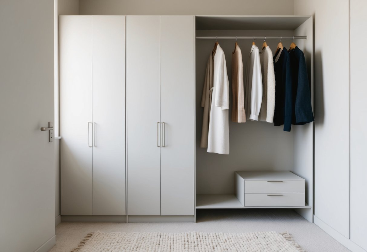 A simple, uncluttered wardrobe with neutral colors and clean lines. A few key pieces hung neatly with space around them, creating a sense of calm and order