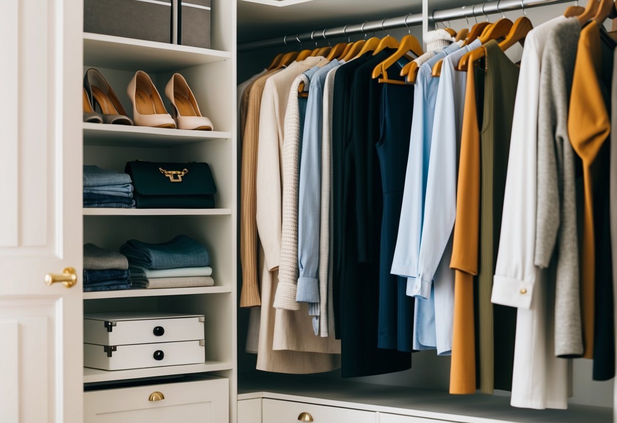 A well-organized closet with timeless, high-quality clothing items neatly arranged on hangers and shelves