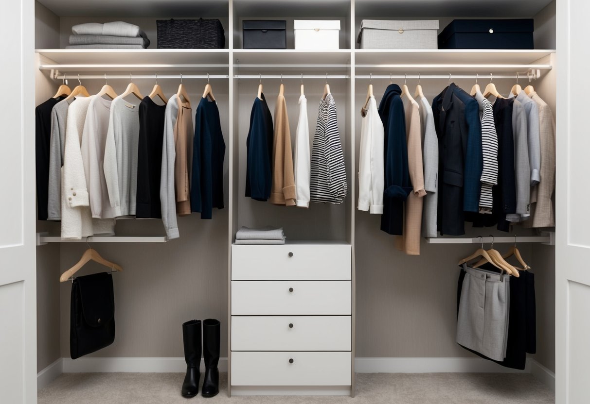 A neutral-toned wardrobe with basic tops, bottoms, and outerwear neatly organized on hangers and shelves in a modern, uncluttered closet