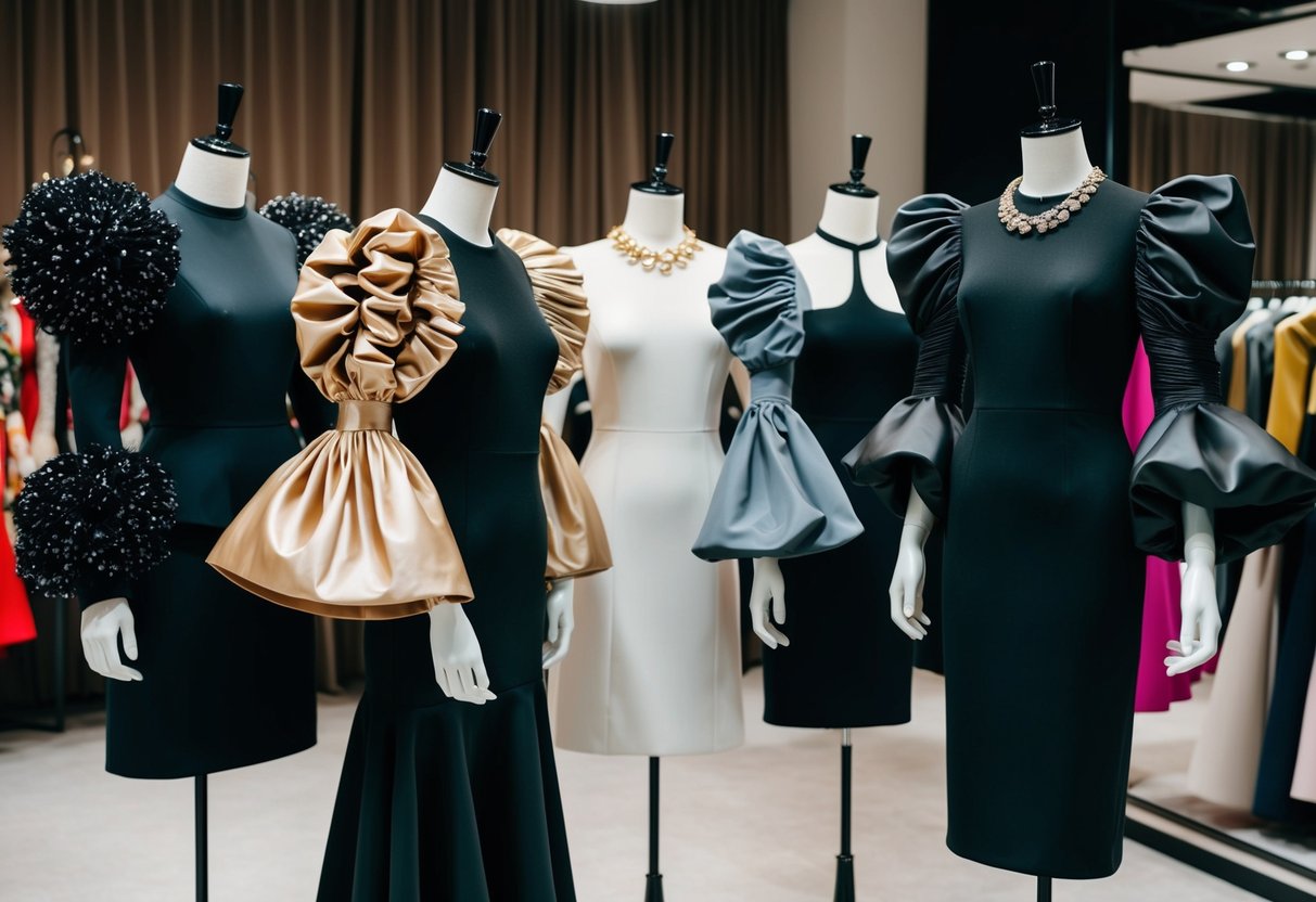 A collection of exaggerated and dramatic sleeve styles, ranging from puffed and ruffled to bell and bishop sleeves, displayed on mannequins in a high-end fashion boutique