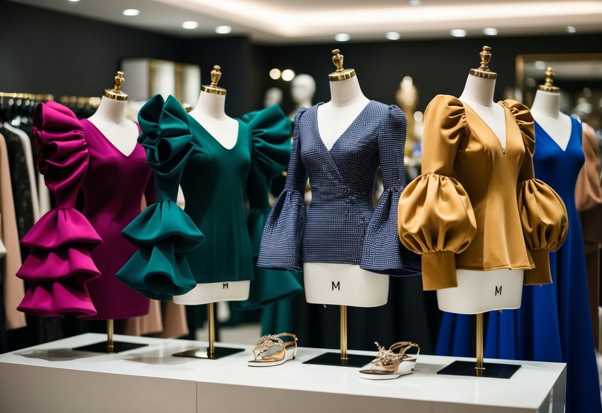 A collection of statement sleeves displayed on mannequins, ranging from dramatic bell sleeves to voluminous puffed sleeves, in a well-lit boutique setting