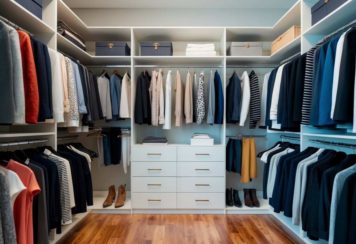 A neatly organized closet with a curated collection of high-quality, versatile garments and accessories. Timeless style meets practicality