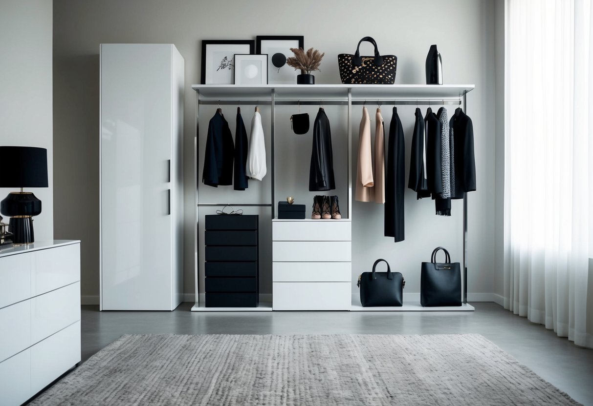 A chic, minimalist wardrobe with bold, unique accessories displayed on a sleek, modern dresser