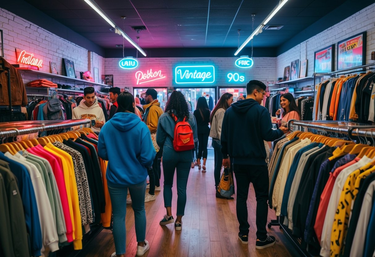 A vintage clothing store with racks of 90s-inspired fashion, neon signs, and a mix of Gen Z and Millennials browsing through the nostalgic styles