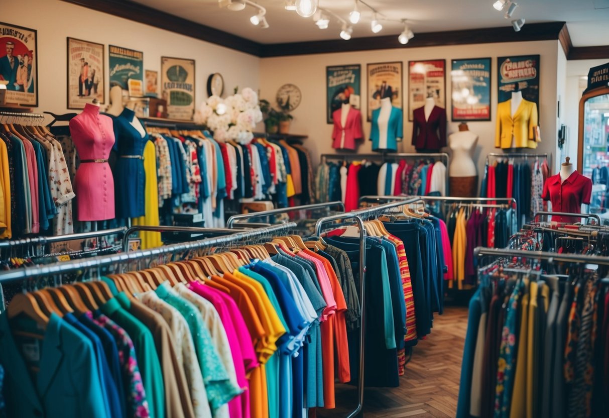 A cluttered vintage clothing shop with racks of colorful, retro garments, old-fashioned mannequins, and nostalgic posters adorning the walls