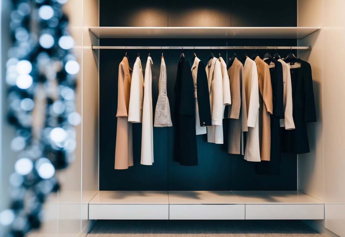 A chic, minimalist wardrobe with a few standout, high-quality statement pieces displayed on a sleek clothing rack and shelves