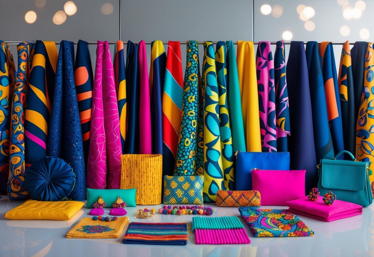 A vibrant array of bold, patterned fabrics and unique accessories arranged on a sleek, minimalist backdrop